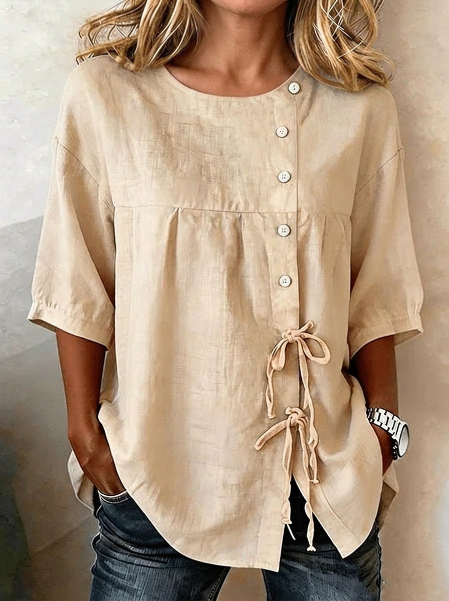 Women's Linen Lace-Up Button Shirt – 3/4 Sleeve Asymmetric FitiqueFit