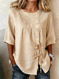 Women's Linen Lace-Up Button Shirt – 3/4 Sleeve Asymmetric FitiqueFit