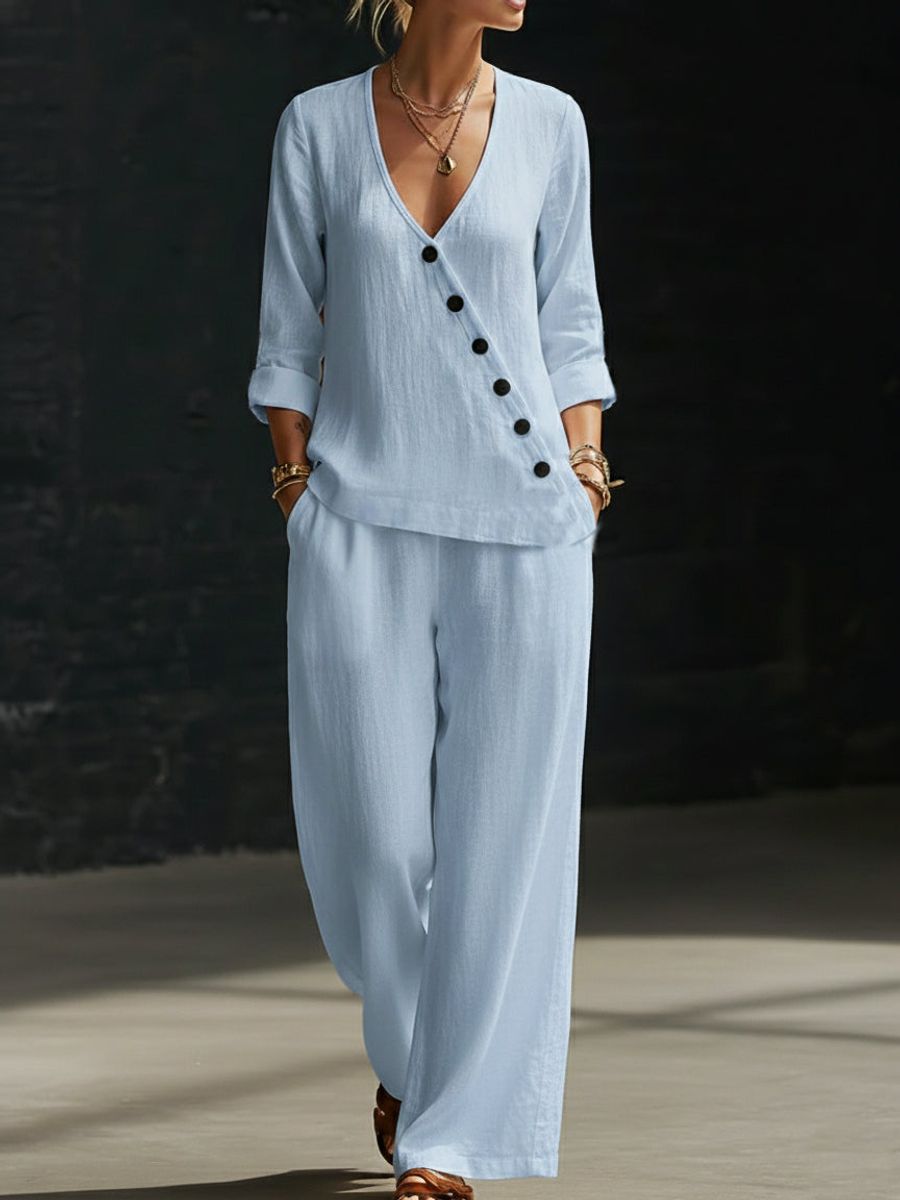 Women’s V-Neck Cross-Over Shirt and Wide-Leg Pants Set FitiqueFit