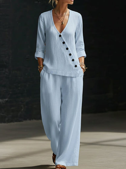 Women’s V-Neck Cross-Over Shirt and Wide-Leg Pants Set FitiqueFit