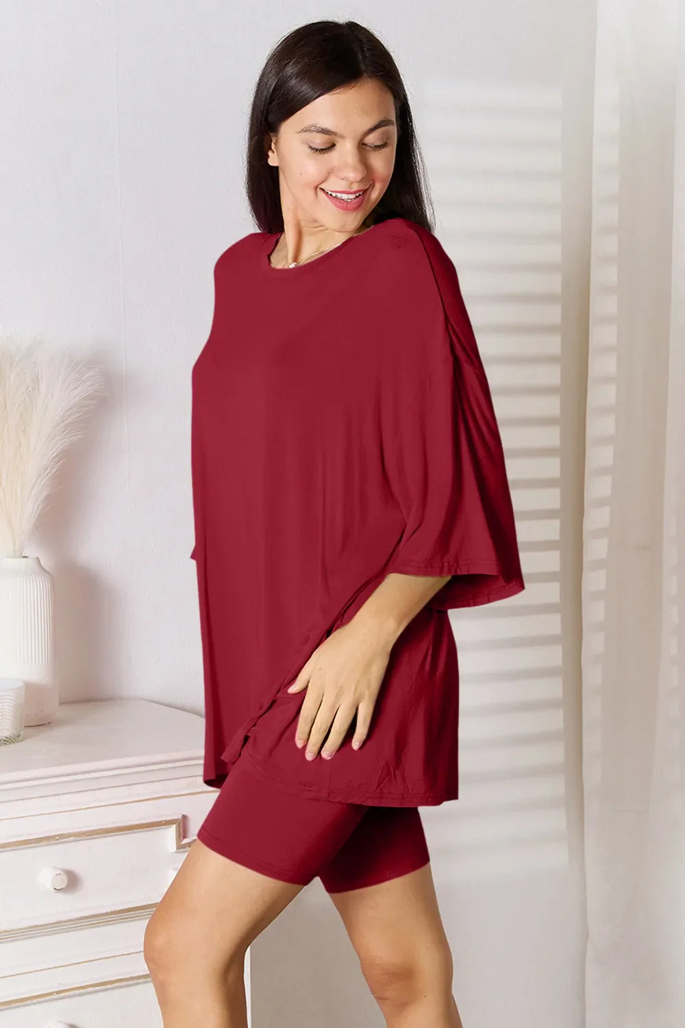 Basic Bae Full Size Soft Rayon Three-Quarter Sleeve Top and Shorts Set New Era Fashion LLc