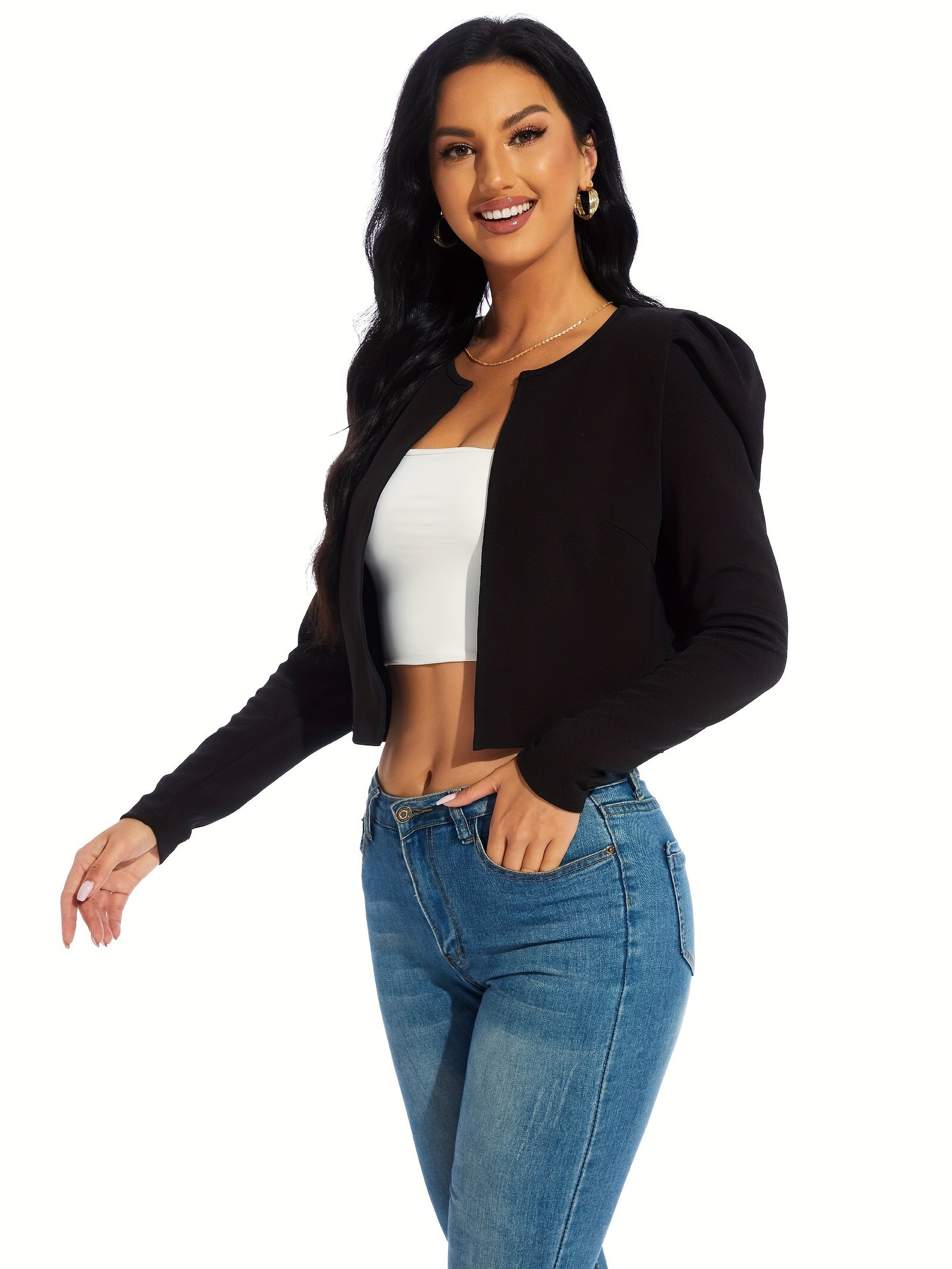 Gigot Sleeve Open Front Crop Jacket, Solid Casual Short Jacket, Women's Clothing NovaCart