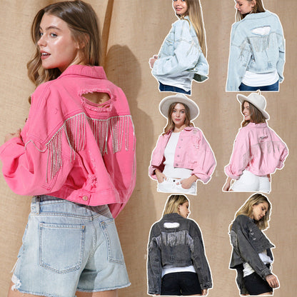 Ripped Rhinestone Denim Jacket Tassel Long Sleeve Denim Jacket See size chart under “more details” The Fashion Celestial