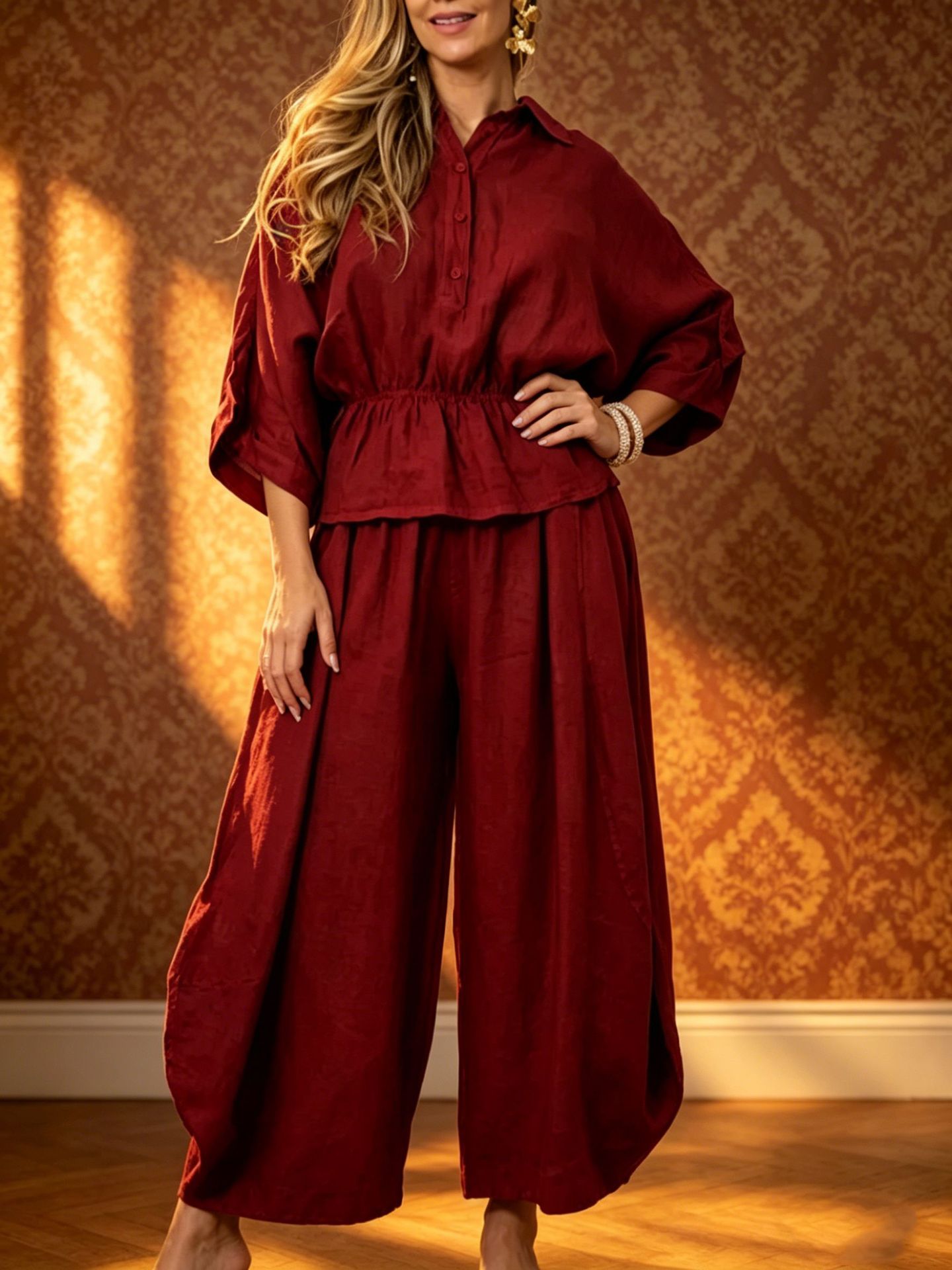Women's Plus Size Belted Shirt & Wide-Leg Pants Two-Piece Set FitiqueFit
