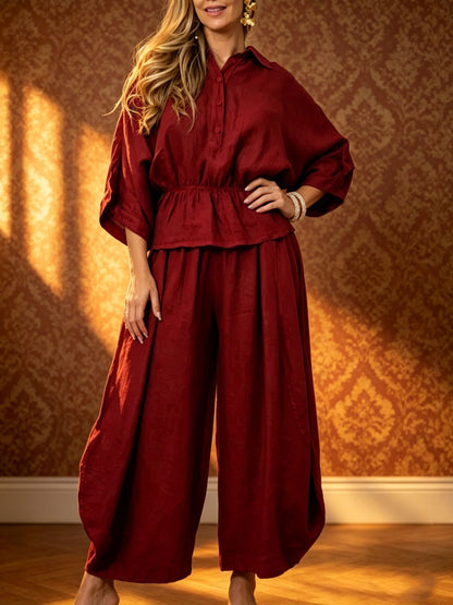 Women's Plus Size Belted Shirt & Wide-Leg Pants Two-Piece Set FitiqueFit