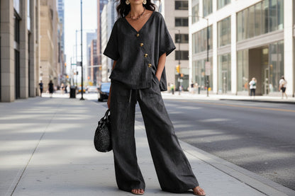 Women's Loose Cotton-Linen V-Neck Top & Wide-Leg Pants Set FitiqueFit