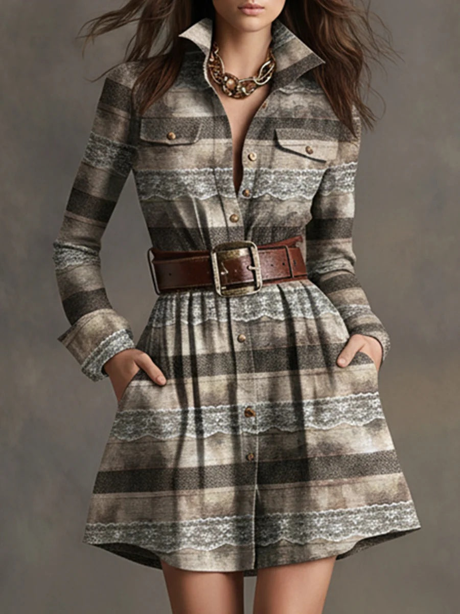 Women's Elegant Plaid Long Sleeve Mini Dress | Belted FitiqueFit