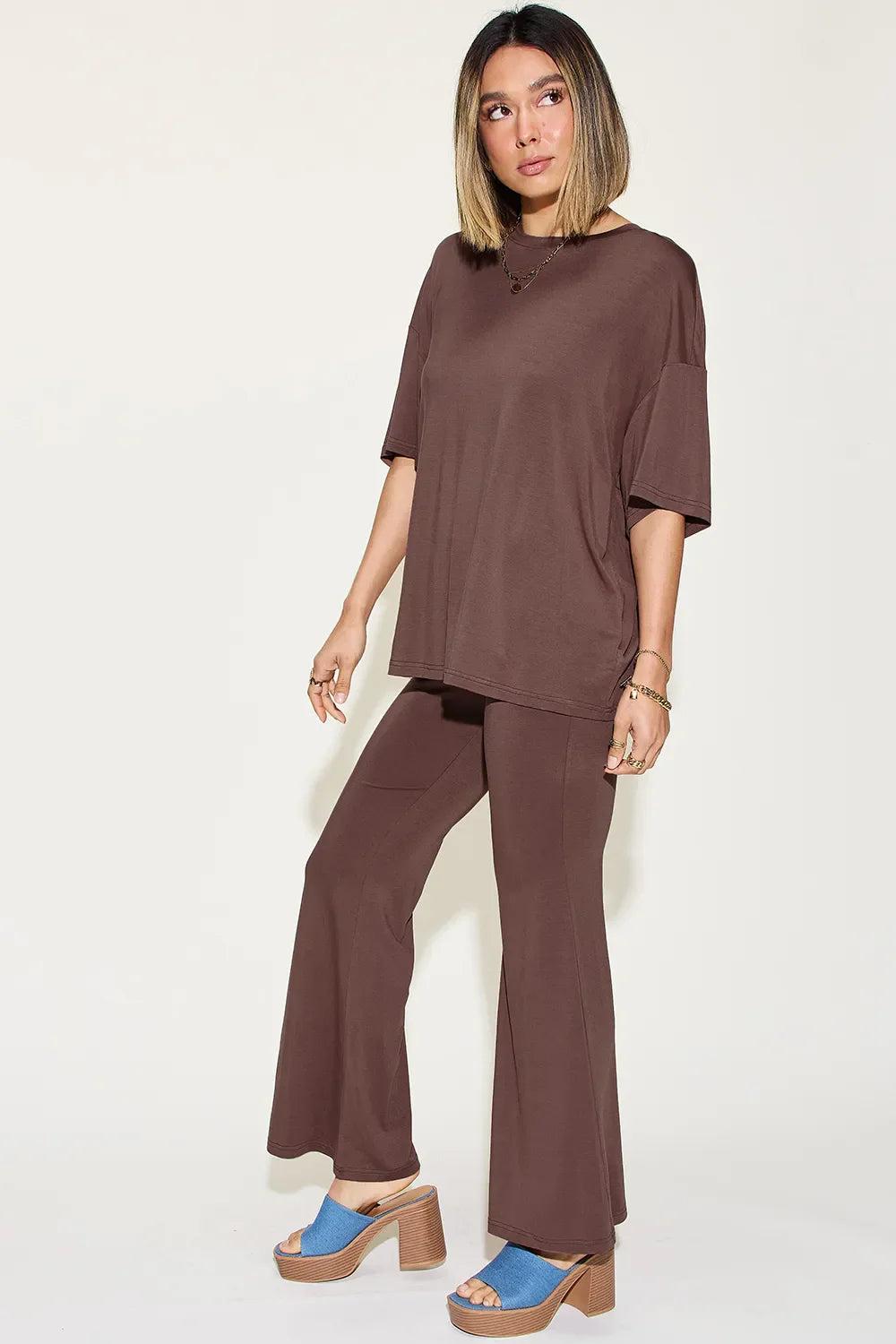 Basic Bae Full Size Bamboo Drop Shoulder T-Shirt and Flare Pants Set New Era Fashion LLc