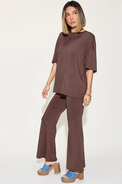 Basic Bae Full Size Bamboo Drop Shoulder T-Shirt and Flare Pants Set New Era Fashion LLc