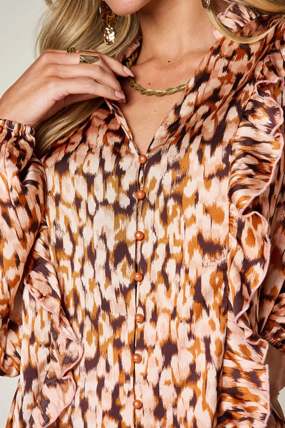 Double Take Full Size Printed Ruffle Trim Balloon Sleeve Shirt New Era Fashion LLc