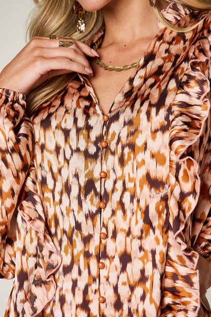 Double Take Full Size Printed Ruffle Trim Balloon Sleeve Shirt New Era Fashion LLc
