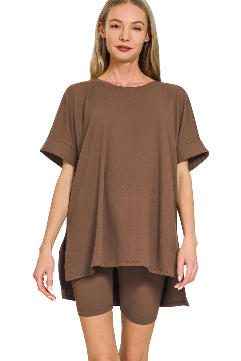 Zenana Full Size Brushed Dty Microfiber Round Neck Top and Biker Shorts Set Plus Size Garden Naked Curves