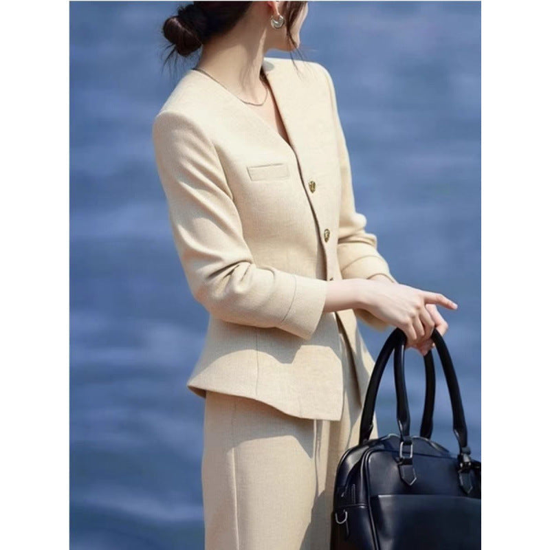 Waist-Grabbing Beige Coat and Wide Leg Pants Set FitiqueFit
