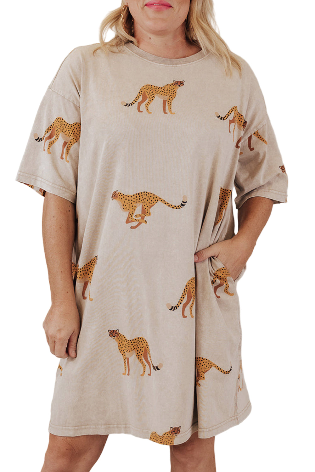 Apricot Plus Size Cheetah Print Side Pockets T Shirt Mini Dress Garden Naked Curves