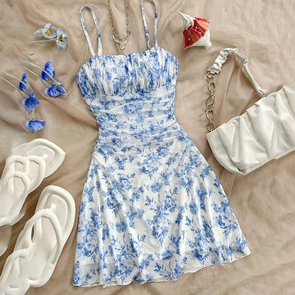 Boho Floral Spaghetti Strap Mini Dress – Ruched Ruffle Hem Vacation Sundress FitiqueFit