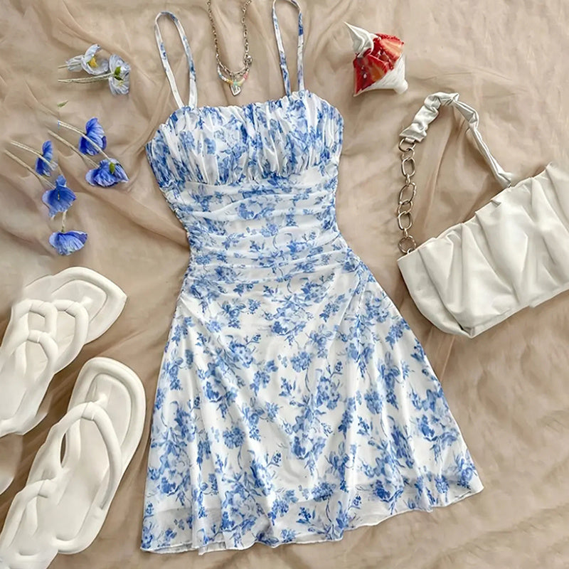 Boho Floral Spaghetti Strap Mini Dress – Ruched Ruffle Hem Vacation Sundress FitiqueFit
