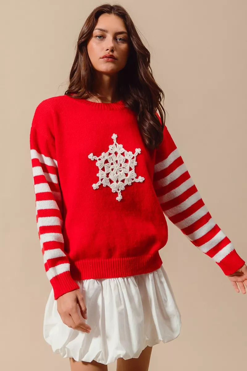 SO ME Christmas Snowflake Crochet Embellished Sweater West2East Surf
