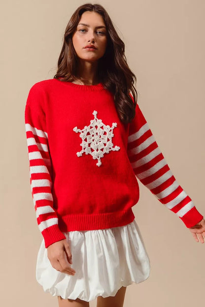 SO ME Christmas Snowflake Crochet Embellished Sweater West2East Surf
