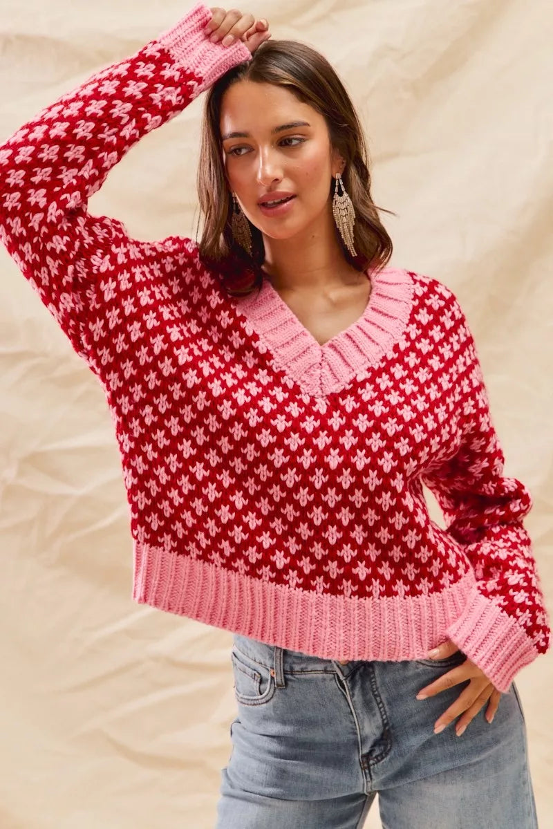 SO ME Color Block Textured Christmas Sweater V Neck Top FitiqueFit