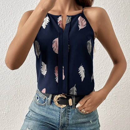 Women’s Feather Print Notch V-Neck Camisole Vest FitiqueFit