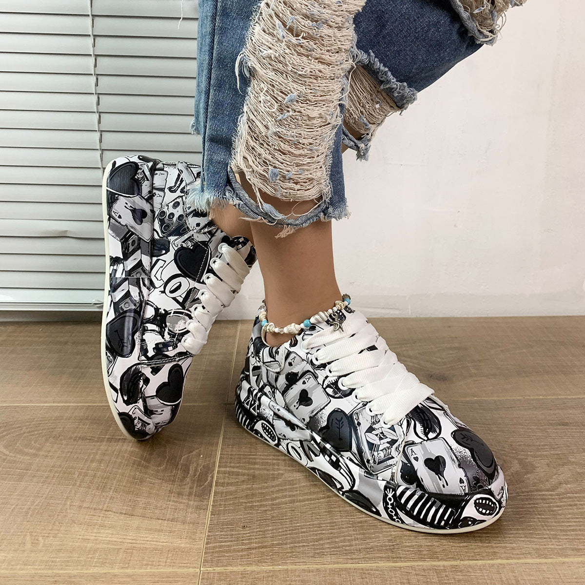 Round-Toe Thick-Sole Lace-Up Sneakers — Women’s Casual Print Shoes FitiqueFit