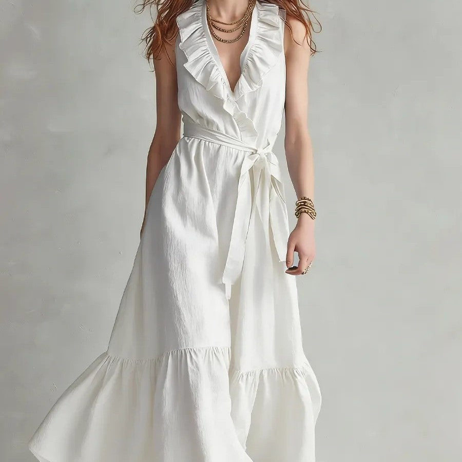 Women's V-Neck Sleeveless Lace-Up Panelled Maxi Dress – Wide Flare FitiqueFit