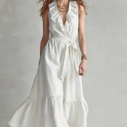 Women's V-Neck Sleeveless Lace-Up Panelled Maxi Dress – Wide Flare FitiqueFit