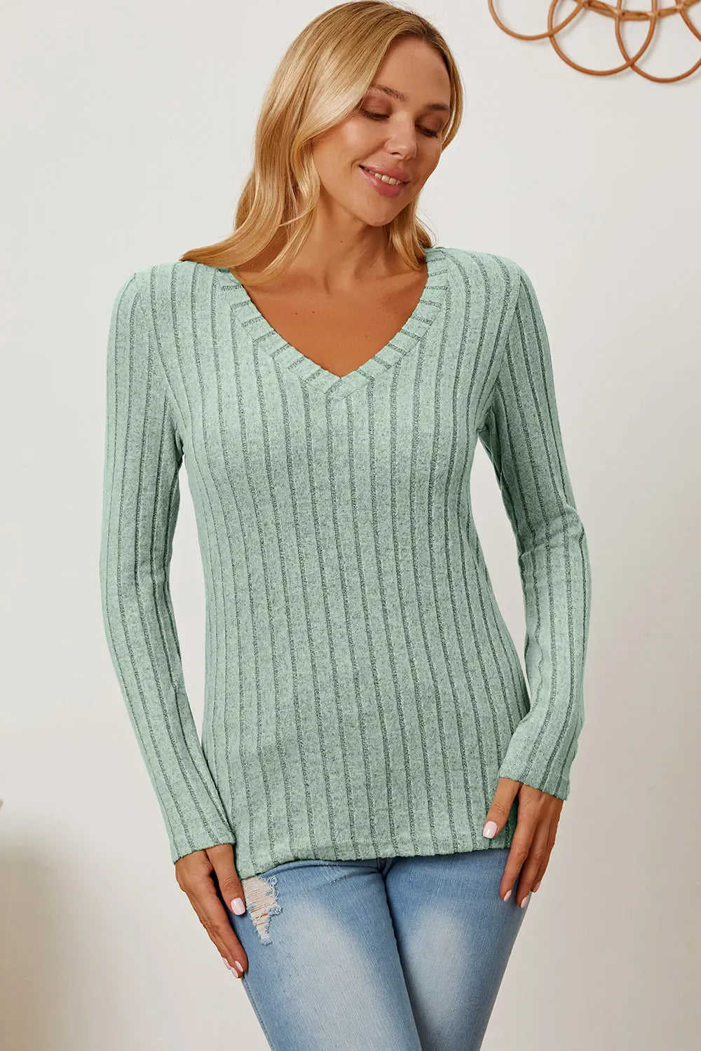 Basic Bae Full Size Ribbed V-Neck Long Sleeve T-Shirt New Era Fashion LLc