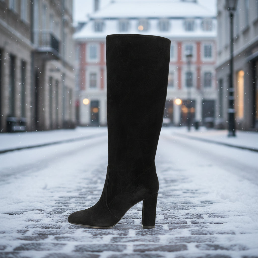 Women’s Suede High Heel Boots | Pleated Thick Heel Pointed Toe FitiqueFit