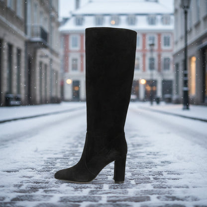 Women’s Suede High Heel Boots | Pleated Thick Heel Pointed Toe FitiqueFit