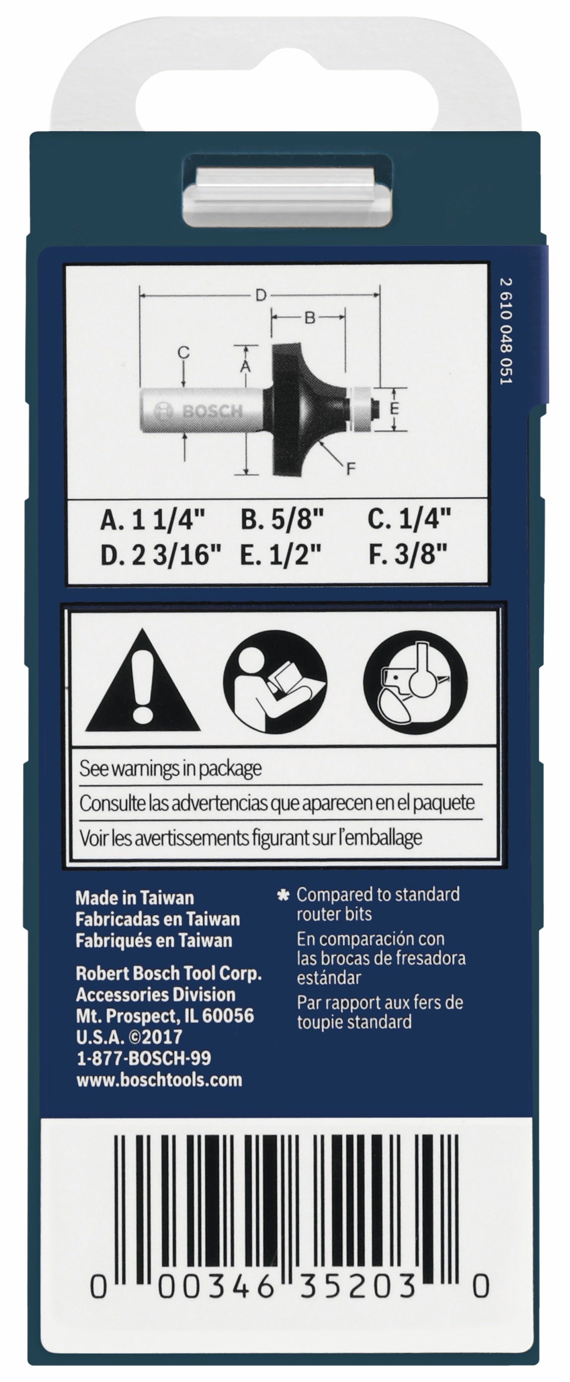 BOSCH 85296MC 3/8 In. x 5/8 In. Carbide-Tipped Roundover Router Bit VM Hardware