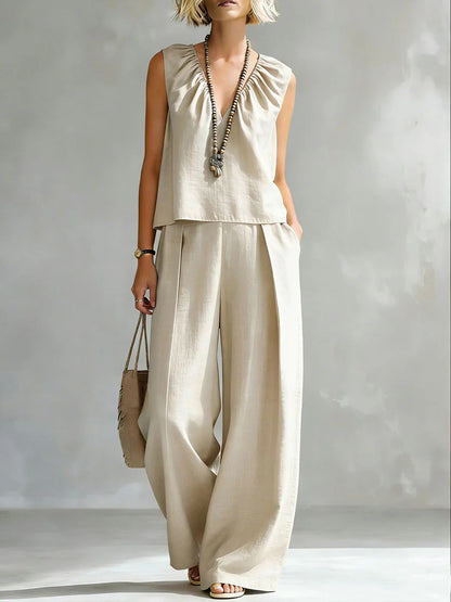 Women's Sleeveless Cotton-Linen Shirt & Pants Set – Urban 2-Piece FitiqueFit