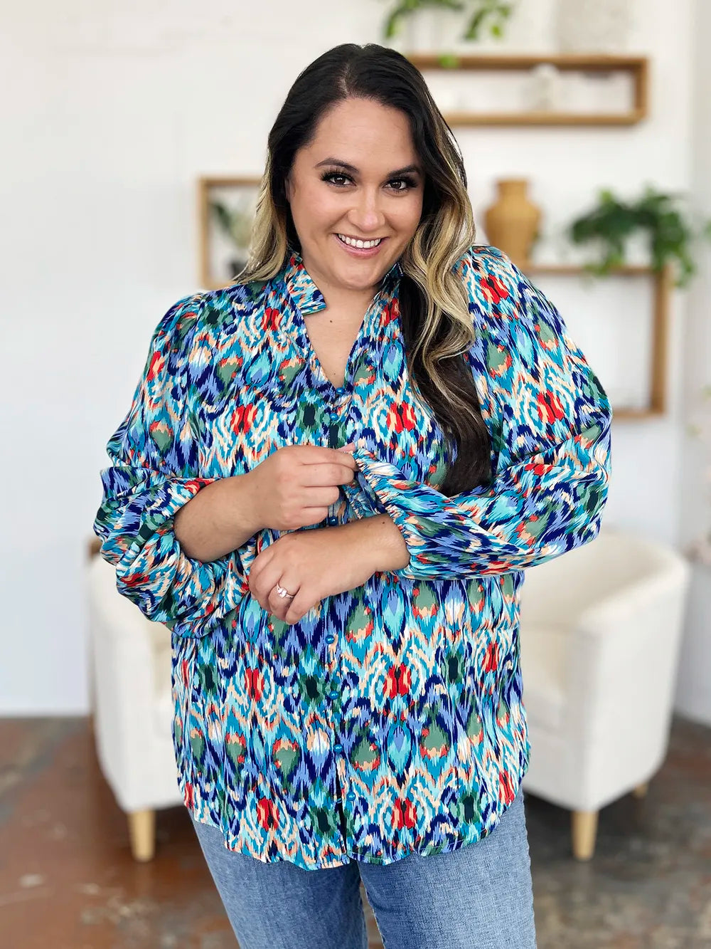 Double Take Full Size Printed Balloon Sleeve Blouse New Era Fashion LLc