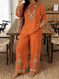 Women’s Ethnic Two Piece Set with Long Sleeve Shirt and Cropped Pants FitiqueFit