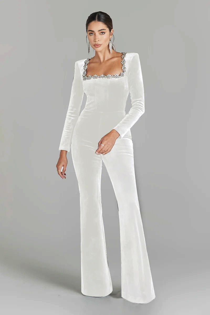 Women’s Diamond-Encrusted Square-Collar Flared Jumpsuit FitiqueFit