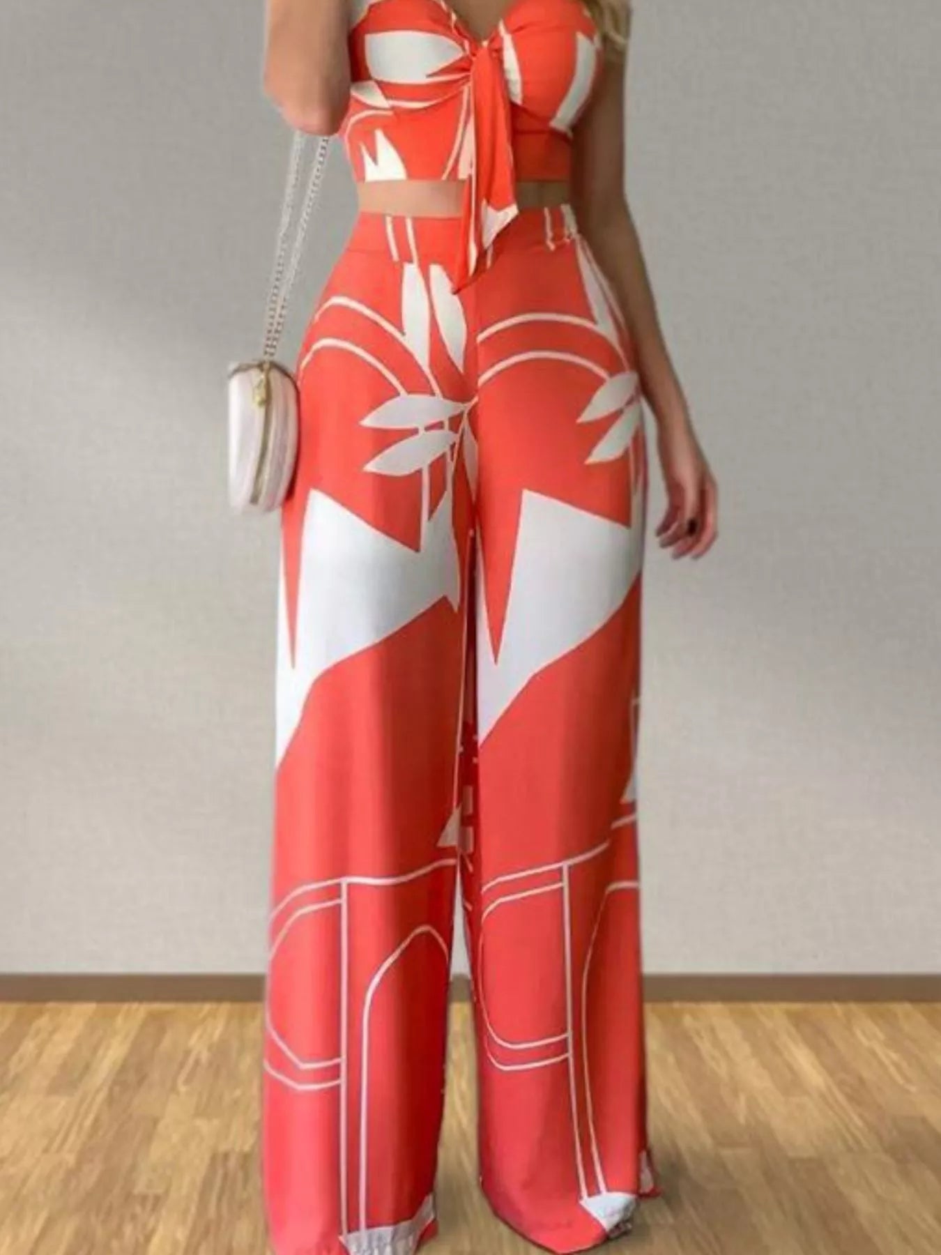 Tropical Print Spaghetti Strap Crop Top and Wide Leg Pants Set New Era Fashion LLc
