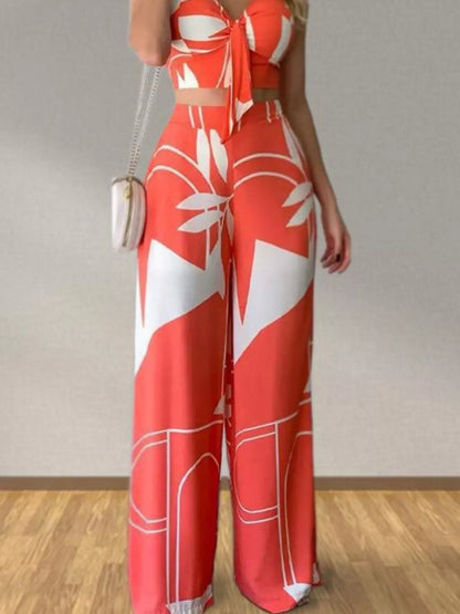 Tropical Print Spaghetti Strap Crop Top and Wide Leg Pants Set New Era Fashion LLc