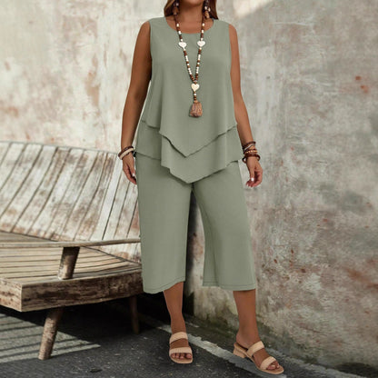 Casual Solid-Colored Sleeveless Top And Cropped Pants Two-Piece Set FitiqueFit