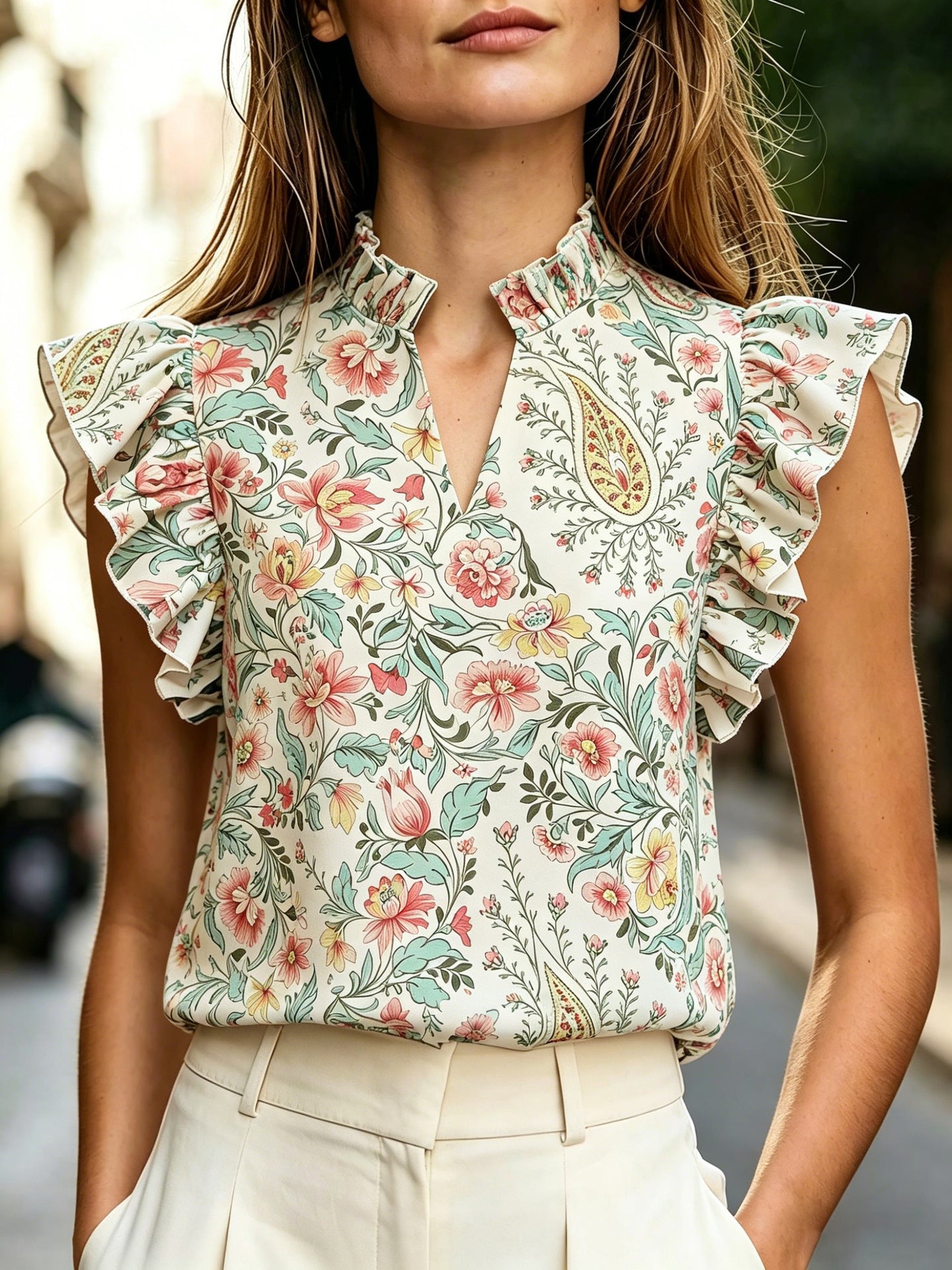 Women's Retro Ruffle-Trim Printed Sleeveless Top FitiqueFit