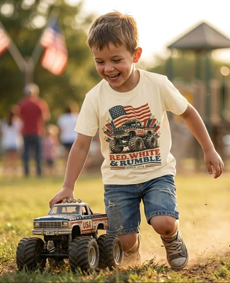 RED WHITE AND RUMBLE TEE - VINTAGE CREAM LITTLE RAD THINGS