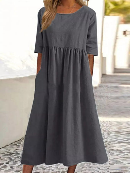 Plus Size Cotton Linen Midi Dress | Round Neck Pocket Dress FitiqueFit