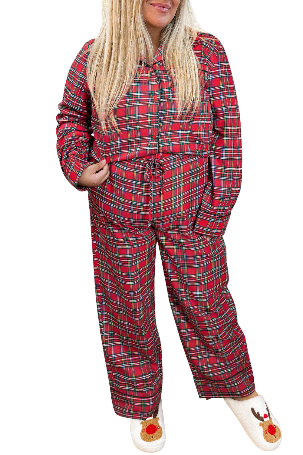 Red Plaid Printed Shirt and Pants Plus Size Lounge Set Garden Naked Curves