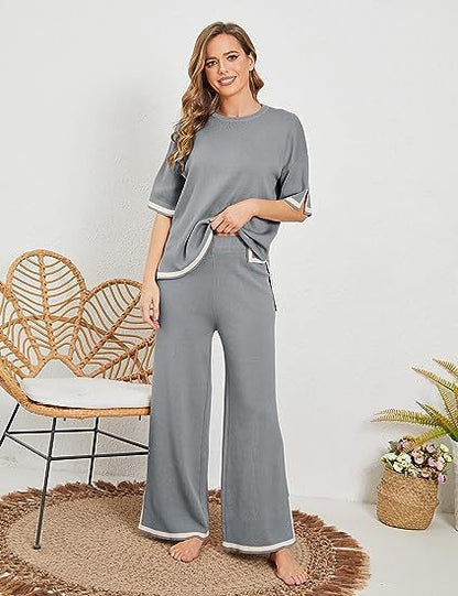 New Knitting Suit Sweater Suit Short Sleeve Pullover Wide Leg Pants Grayceful LLC