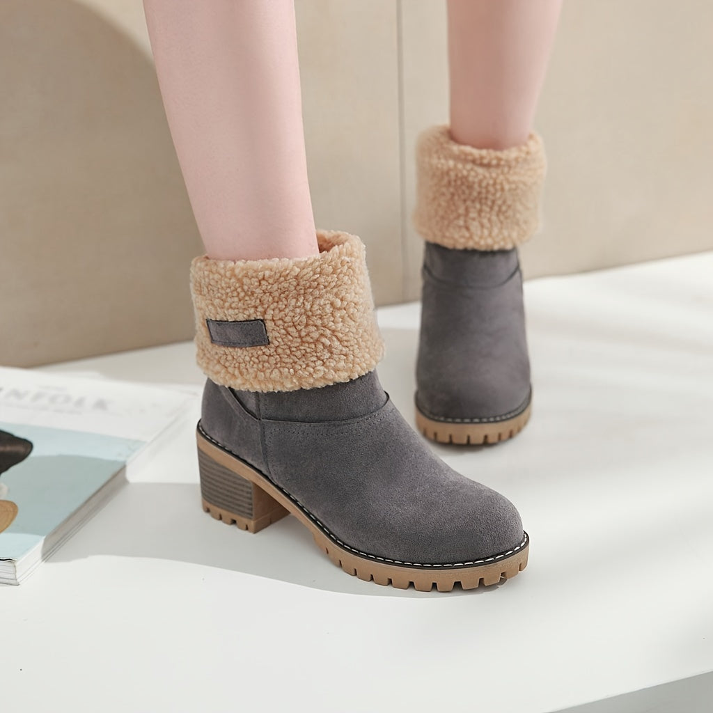 Women's Warm Faux Fur Lined Boots, Slip On Block Heeled Ankle Boots, Women's Footwear NovaCart