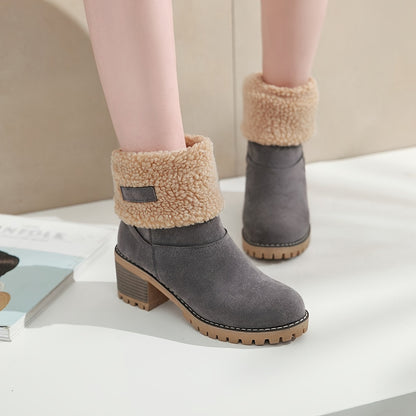 Women's Warm Faux Fur Lined Boots, Slip On Block Heeled Ankle Boots, Women's Footwear NovaCart