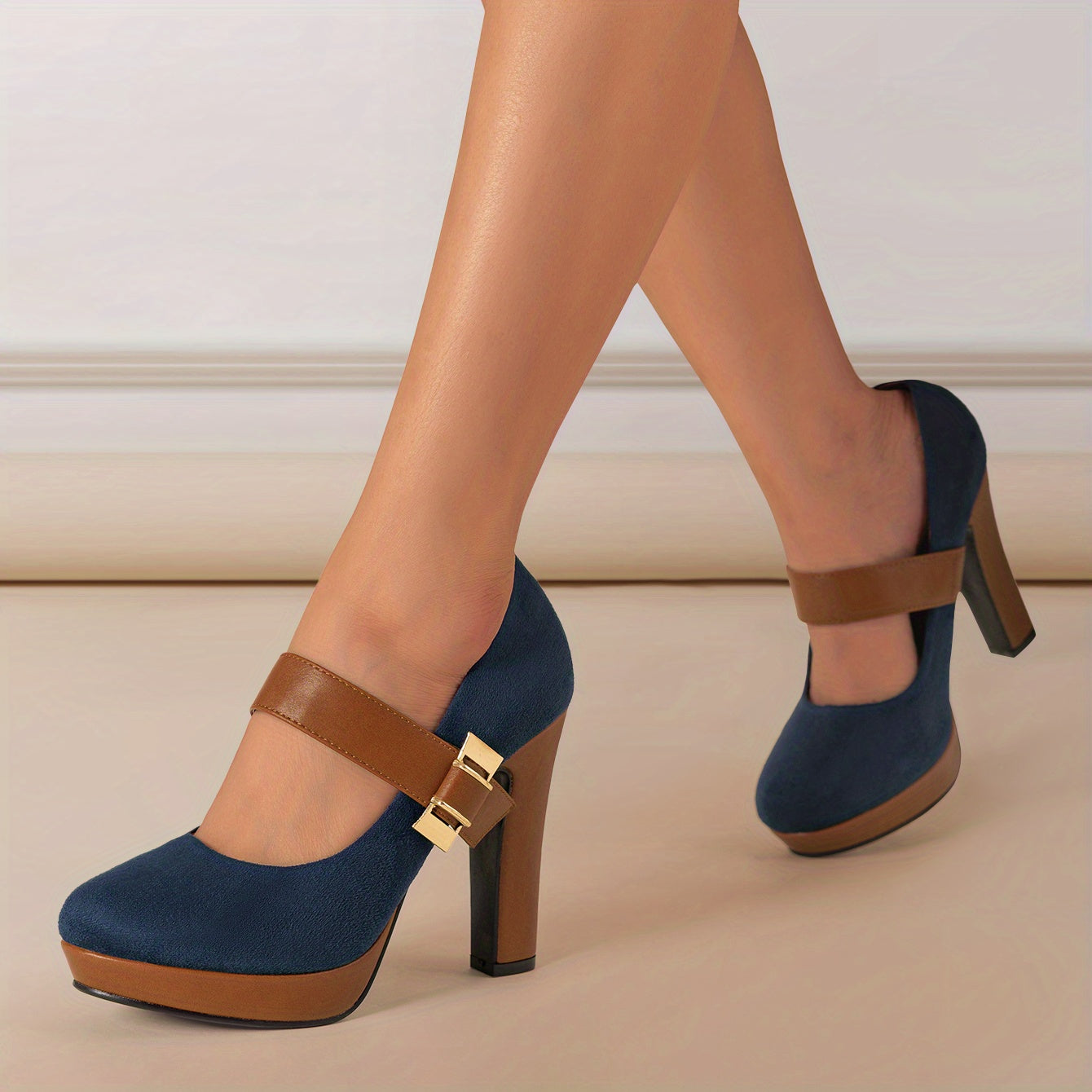 [Retro Heeled Pumps] Women's Retro Style Round Toe High Heeled Pumps, Buckle Platform Block Heel Shoes, Women's Footwear NovaCart