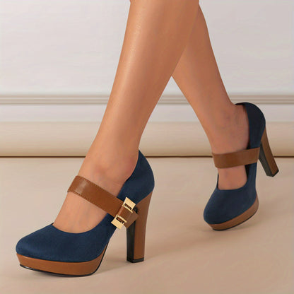 [Retro Heeled Pumps] Women's Retro Style Round Toe High Heeled Pumps, Buckle Platform Block Heel Shoes, Women's Footwear NovaCart