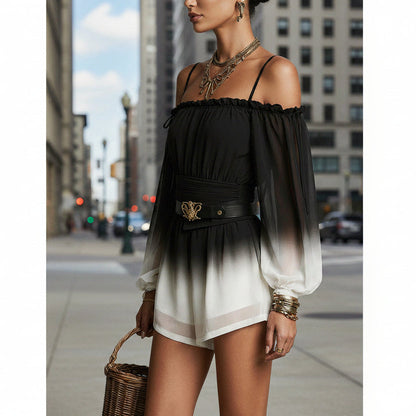 Off-Shoulder Ombre Puff-Sleeve Chiffon Jumpsuit with Belt FitiqueFit