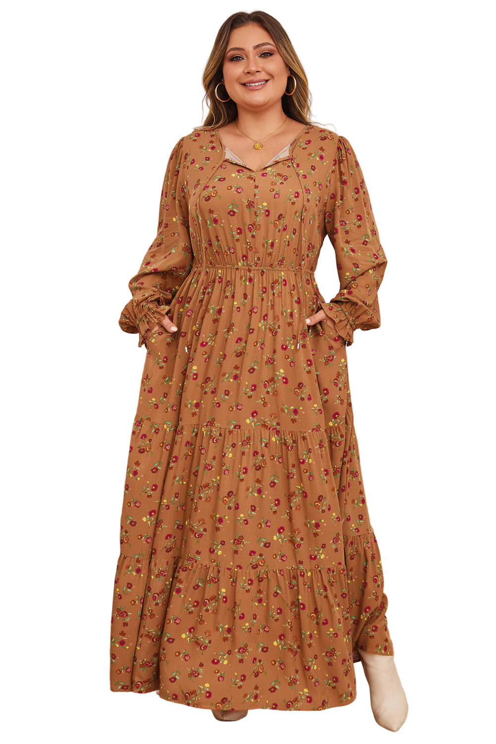 Brown Plus Size Floral Split V Neck Ruffled Sleeve Tiered Maxi Dress Garden Naked Curves