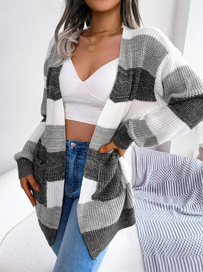 Striped Colorblock V-neck Cardigans, Casual Loose Drop Shoulder Long Sleeve Fall Winter Knit Cardigan, Women's Clothing NovaCart
